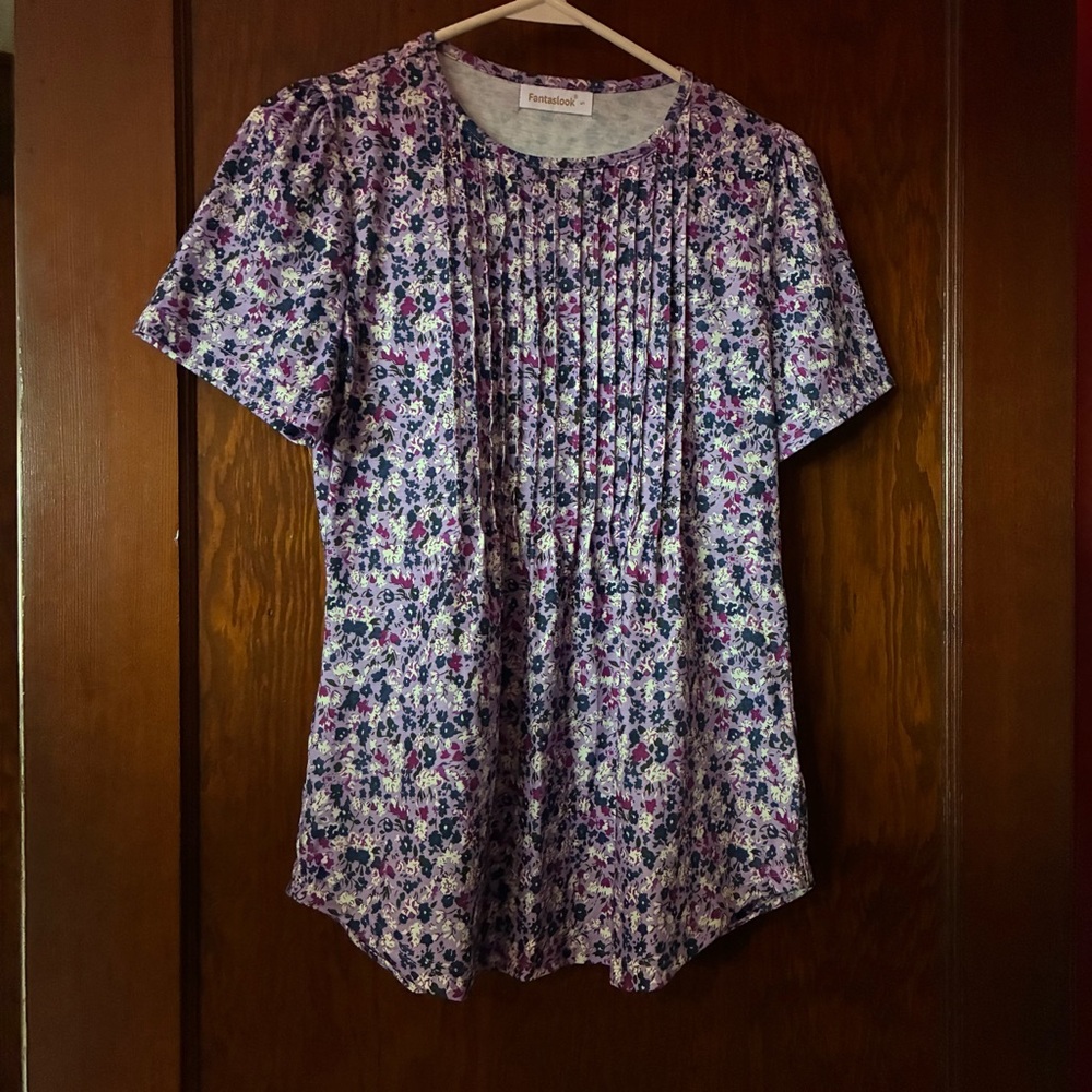 Purple Floral Short Sleeve Blouse